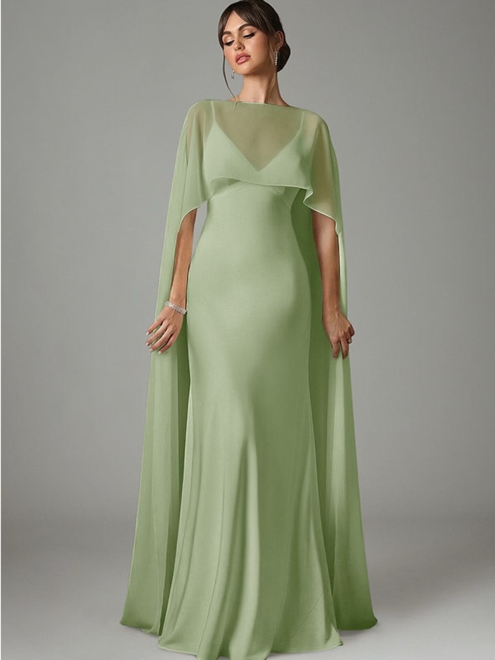 Azazie Elegant Cape Maxi Dress in Sage Green